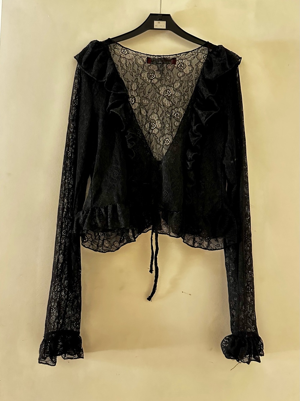 Urban Outfitters Black Sheer Lace Ruffle Tie-Front Top, Size S